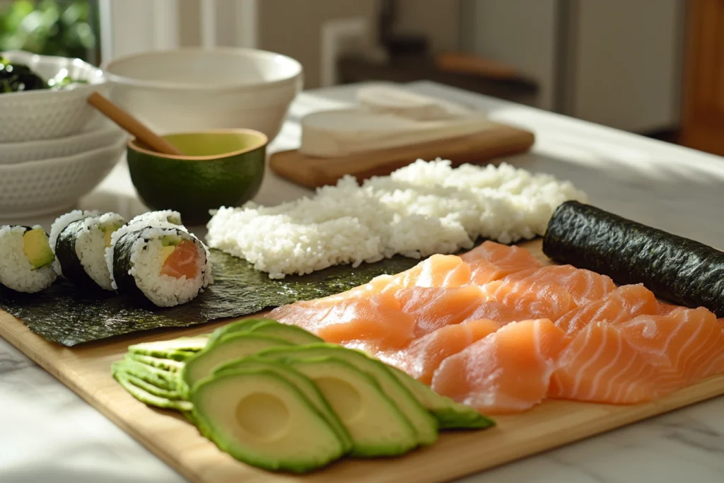 A DIY sushi-making setup with fresh ingredients like salmon, rice, and nori sheets.