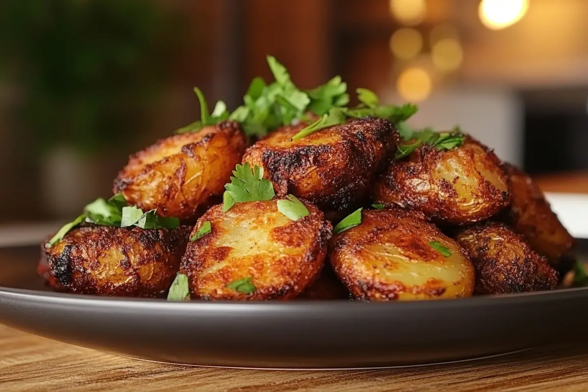 Crispy golden air fryer roasted potatoes on a plate with fresh herbs.