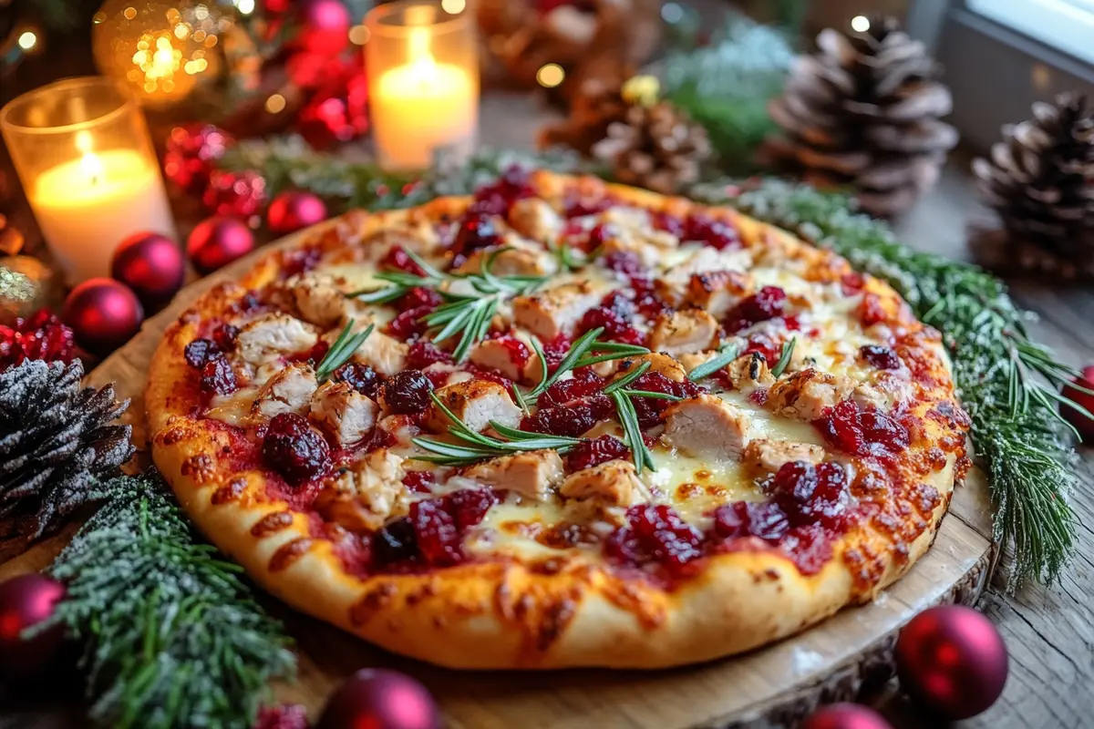 Festive Turkey Cranberry Pizza on a rustic table with holiday decor.