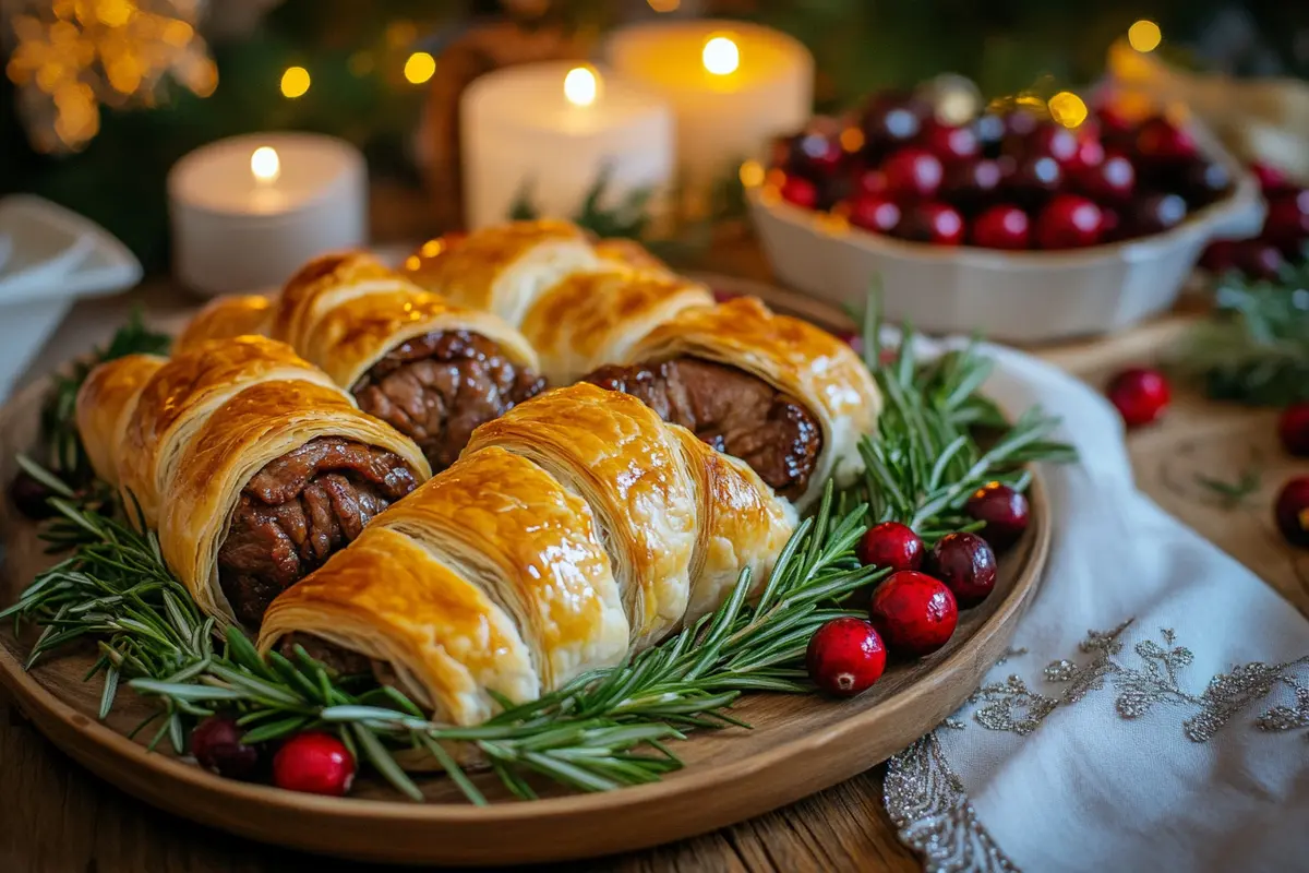 A platter of Festive Beef in a Blanket surrounded by holiday decorations.