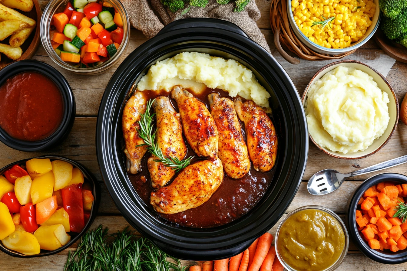 Steaming crock pot chicken tenders served on a table with vibrant side dishes like mashed potatoes, vegetables, and dipping sauces.