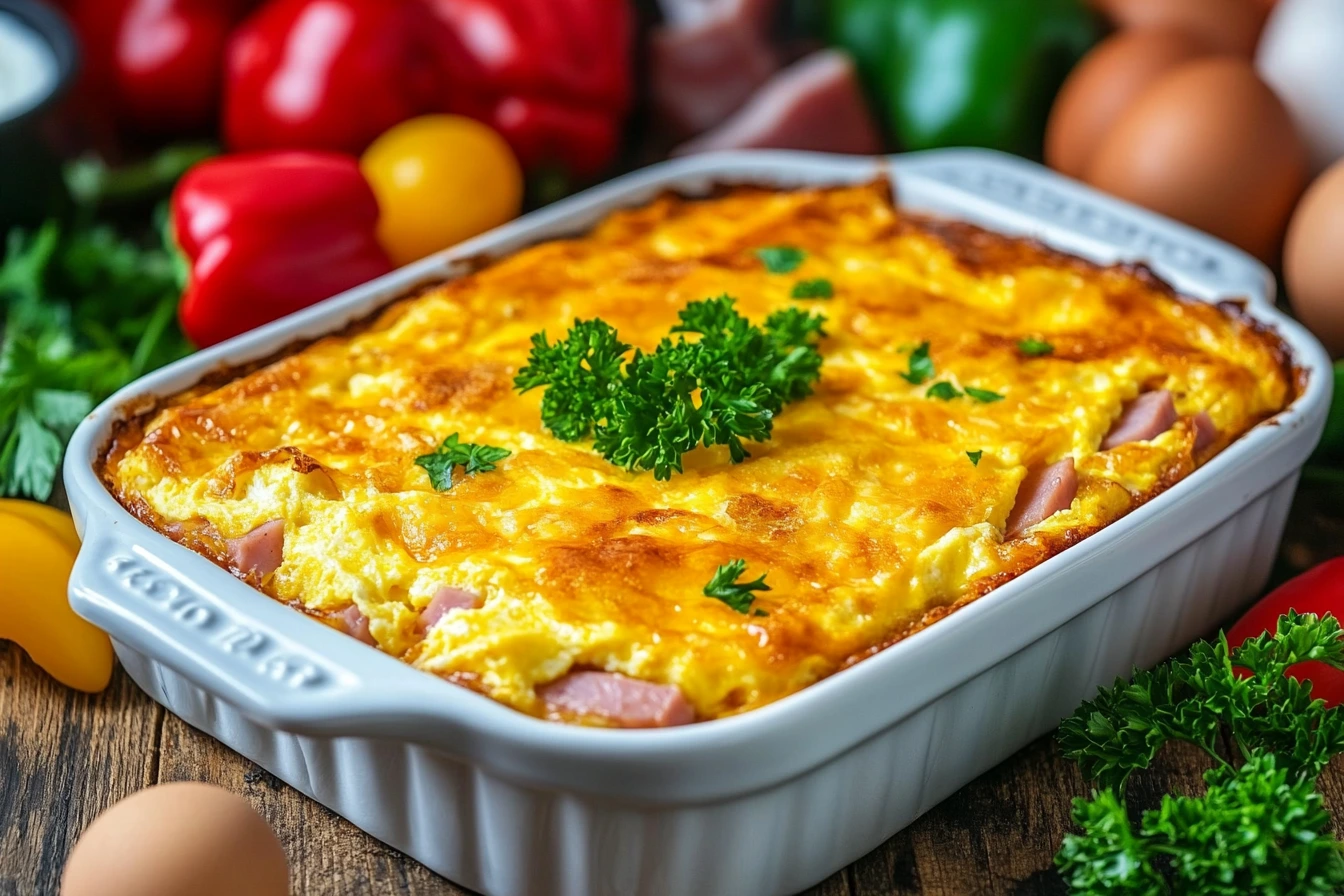 Denver Omelet Hashbrown Casserole in a white dish with fresh ingredients.