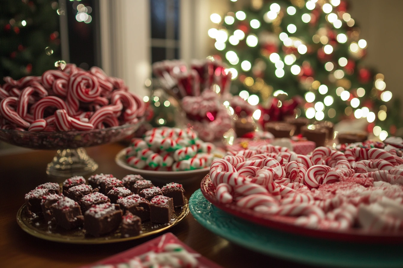 A holiday candy table with candy canes, peppermint bark, chocolates, and festive packaging, set against a background of glowing Christmas lights.