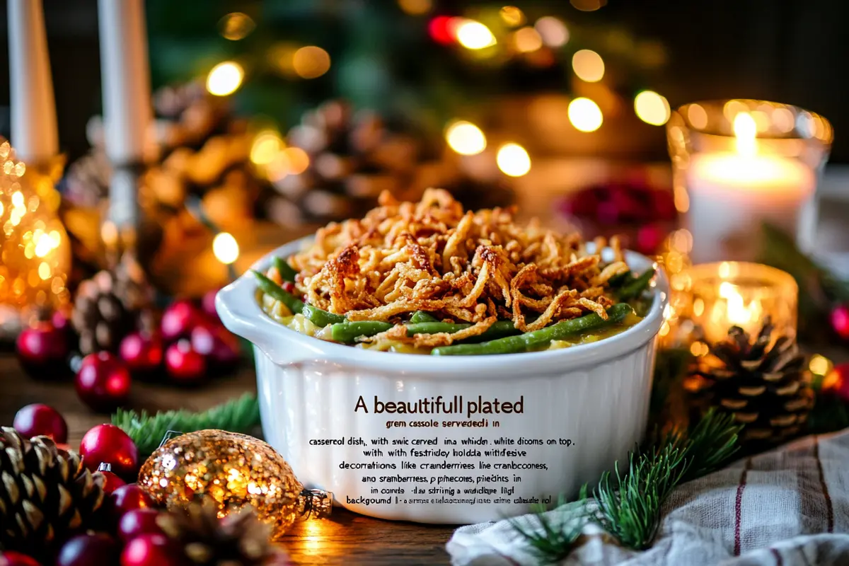 Green bean casserole served in a holiday setting with fried onions on top.