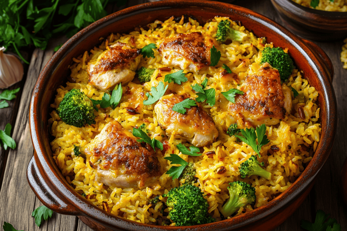 Chicken Broccoli Rice Casserole in a rustic baking dish