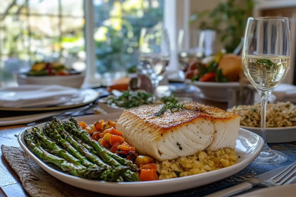 Key ingredients for preparing Mediterranean poached halibut, showcasing their simplicity and healthful qualities.