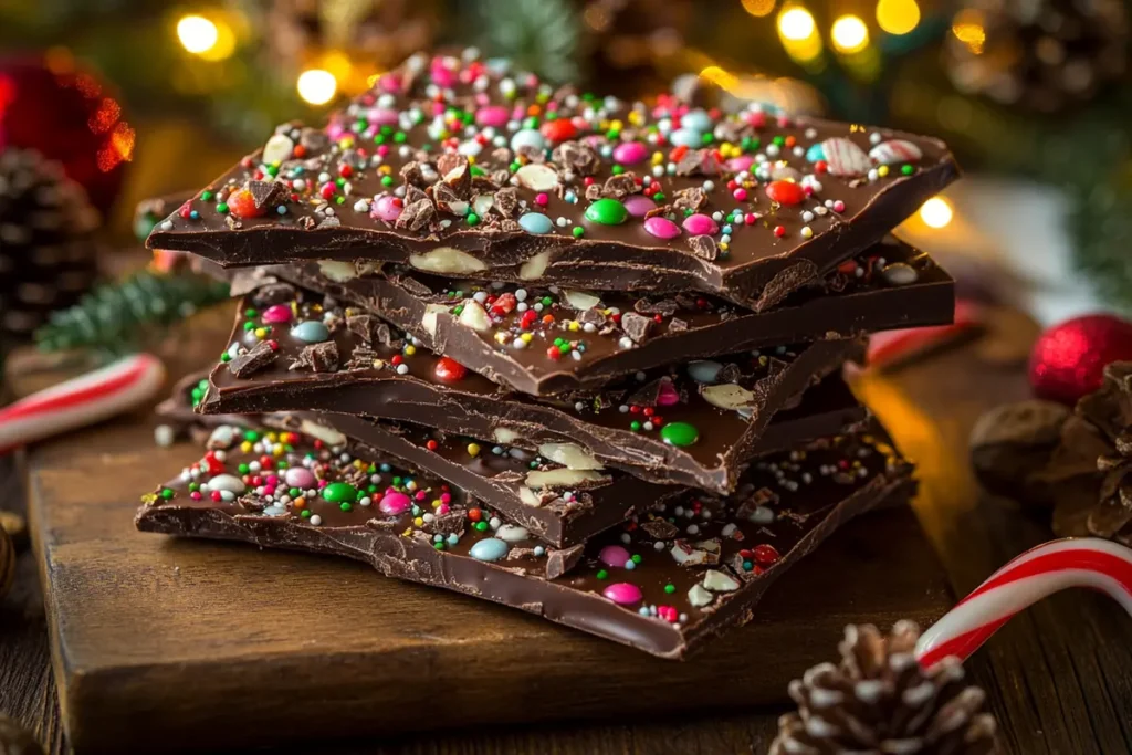 Christmas Bark with festive toppings on a decorated holiday table.