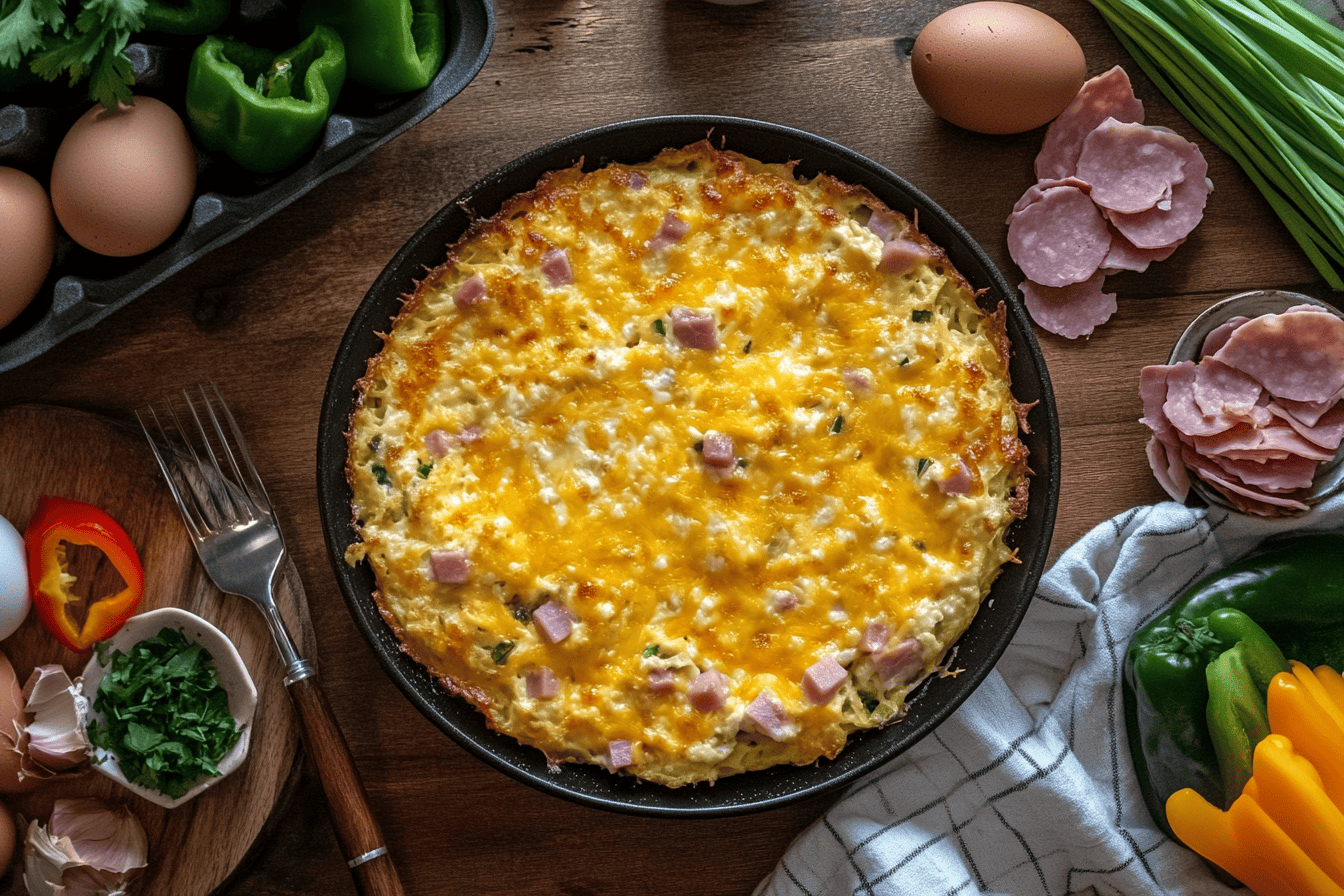 Denver Omelette Hashbrown Casserole on a rustic table