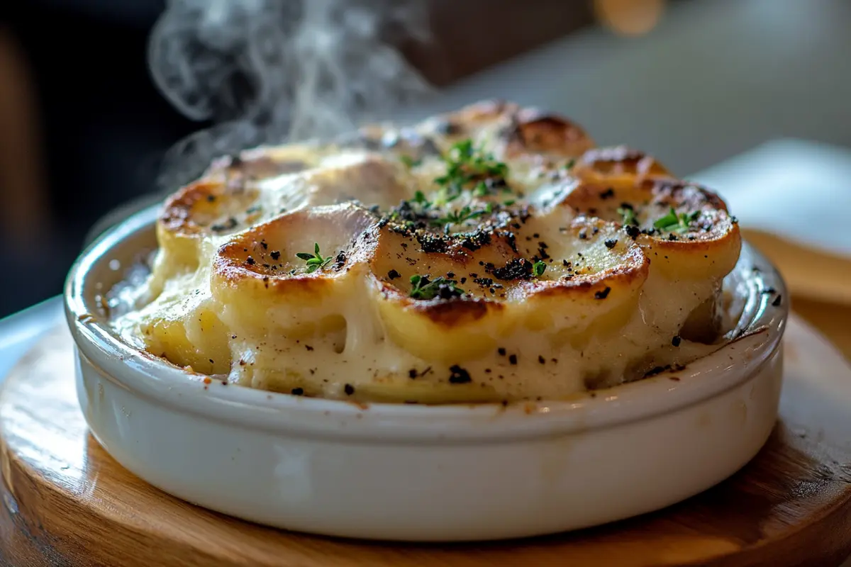 Golden, bubbling potato gratin with a drizzle of truffle oil in a rustic dish.