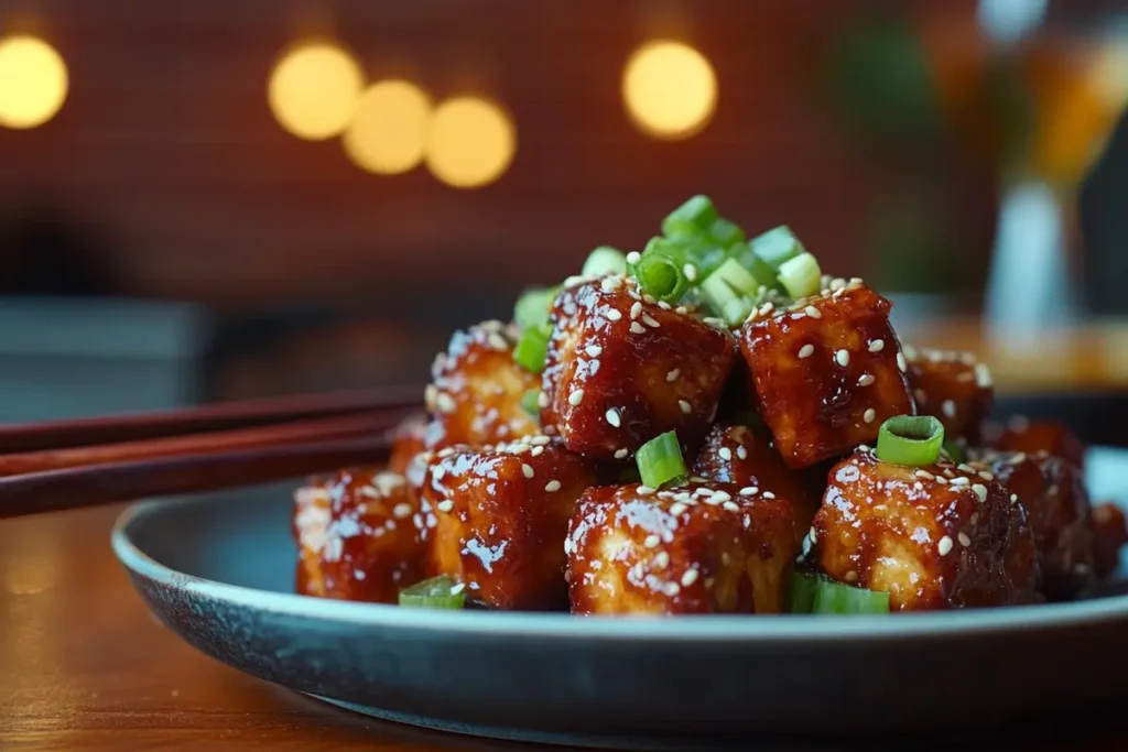 Crispy tofu cubes glazed with soy sauce and garnished with sesame seeds.