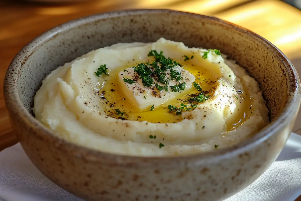Creamy mashed potatoes served with butter and parsley