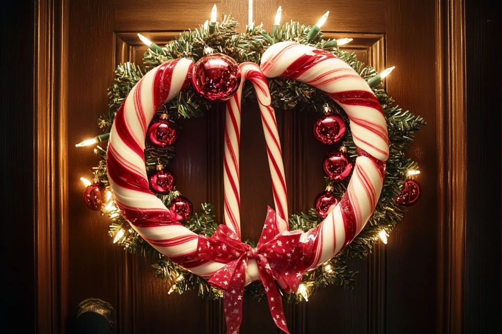  A candy cane wreath with ribbons and Christmas ornaments.