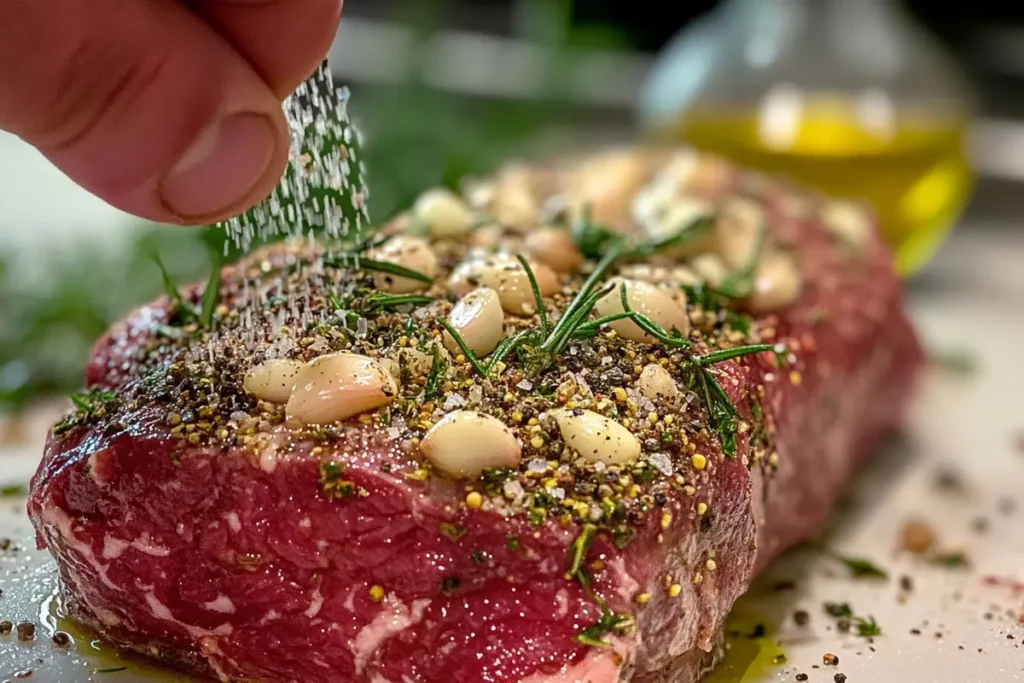 Seasoning raw beef roast with salt, pepper, and rosemary.
