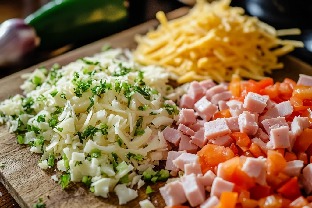Fresh ingredients for Denver Omelet Hashbrown Casserole on a cutting board