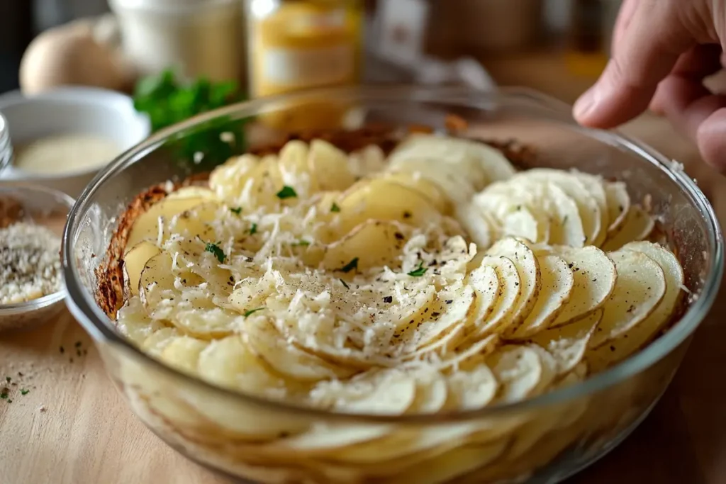 Preparing potato slices for gratin with truffle oil, cheese, and herbs