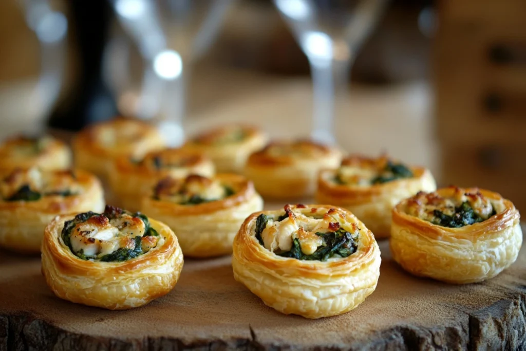 Flaky layers of chicken and spinach in puff pastry