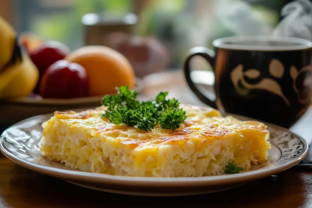 A single serving of Denver Omelette Hashbrown Casserole on a plate