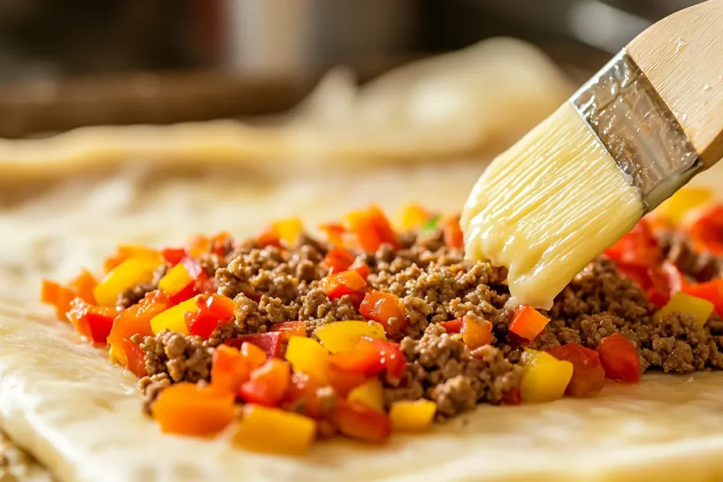 Phyllo dough being prepared with ground beef filling.