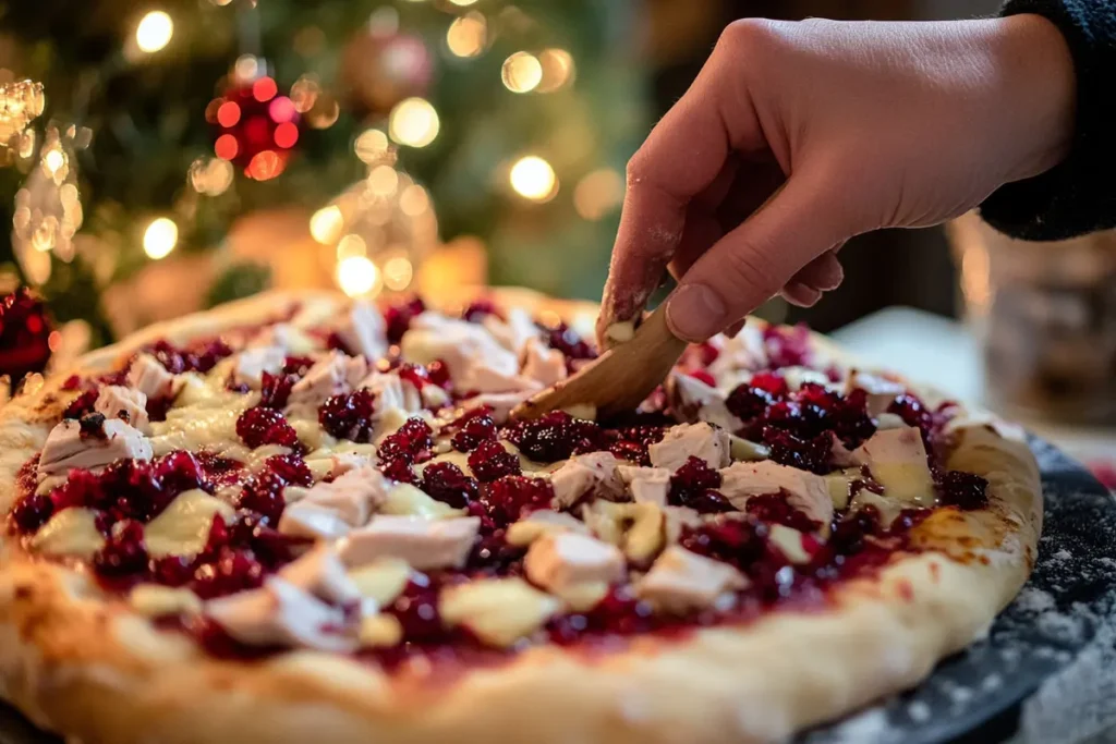 Assembling Festive Turkey Cranberry Pizza with cranberry sauce.