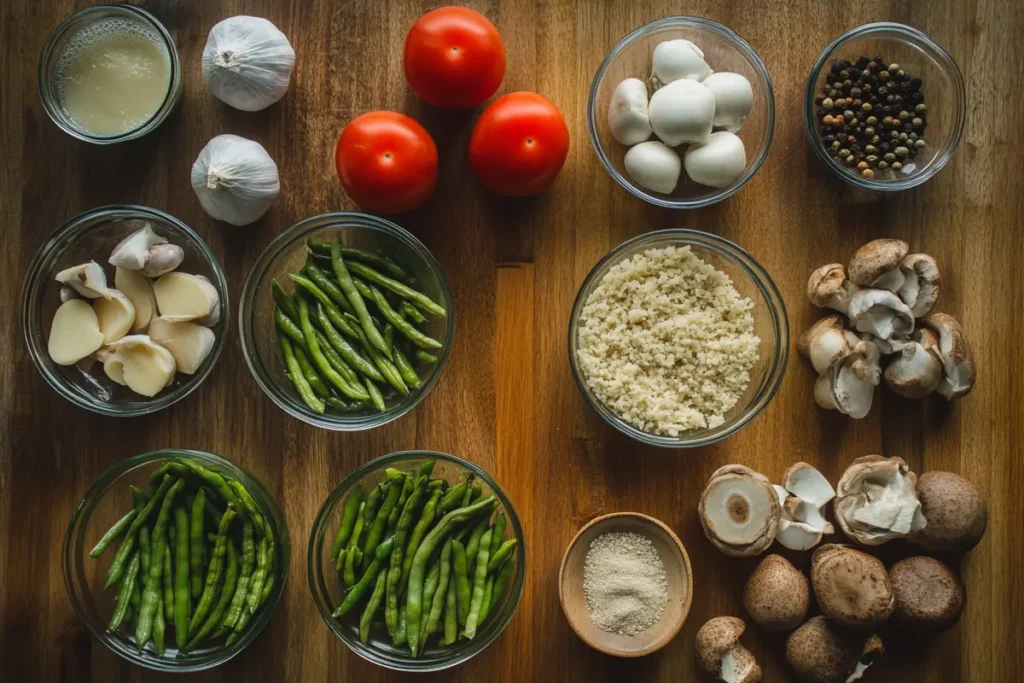 Green bean casserole preparation ingredients on a kitchen counter.