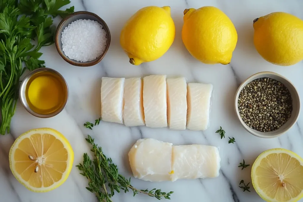  Ingredients for Mediterranean poached halibut on a marble surface