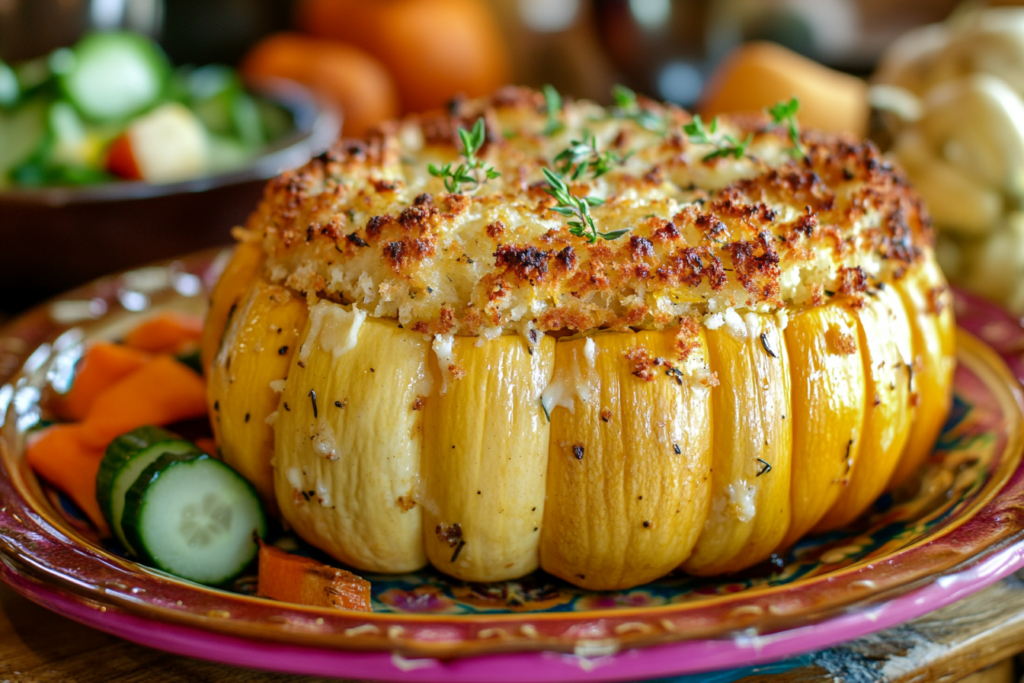 Oven-baked stuffed butternut squash with golden brown topping