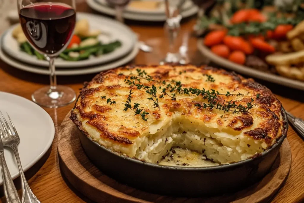 Fully baked potato gratin served with roasted vegetables and wine.