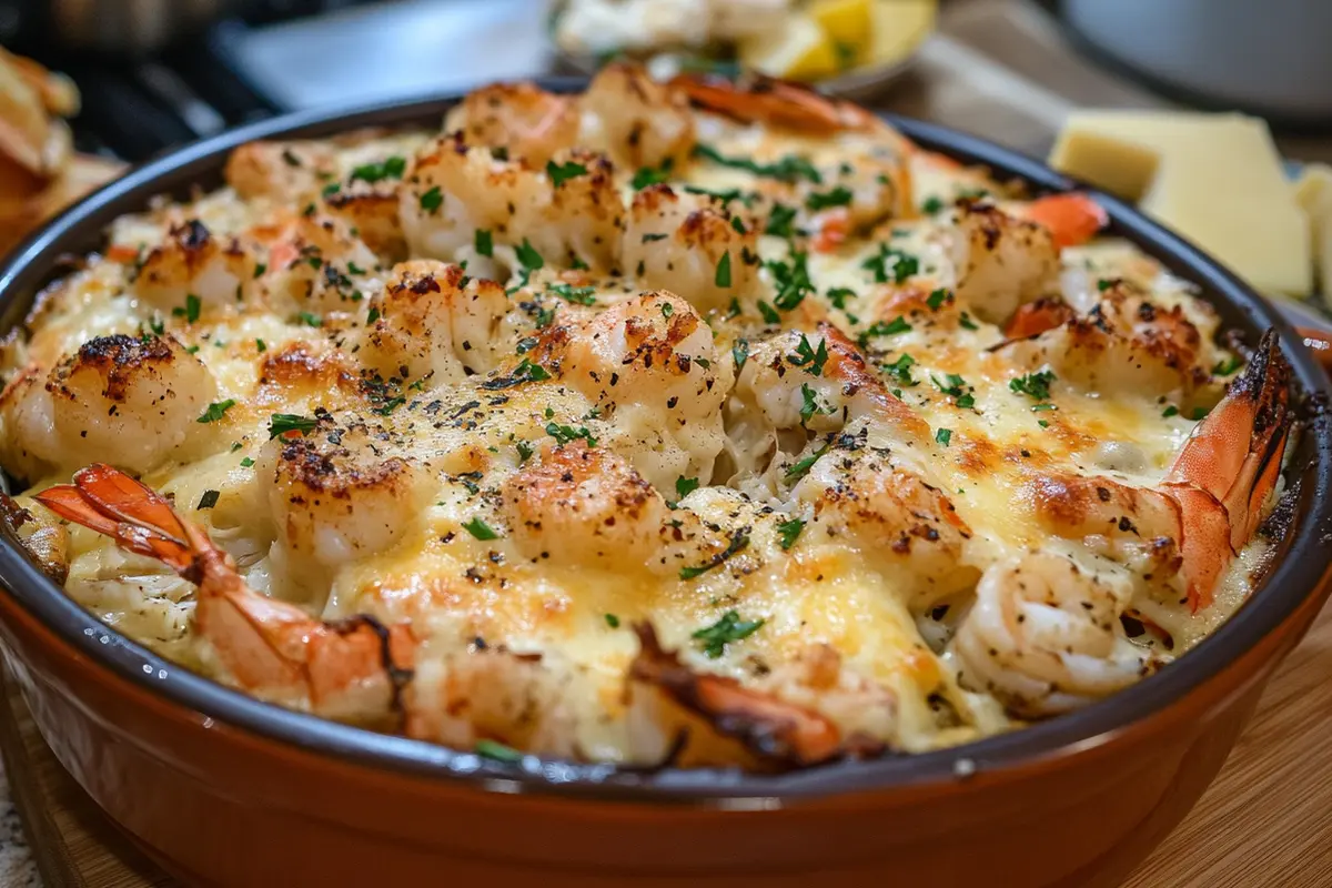 Crabby cheesy nachos with guacamole and salsa.