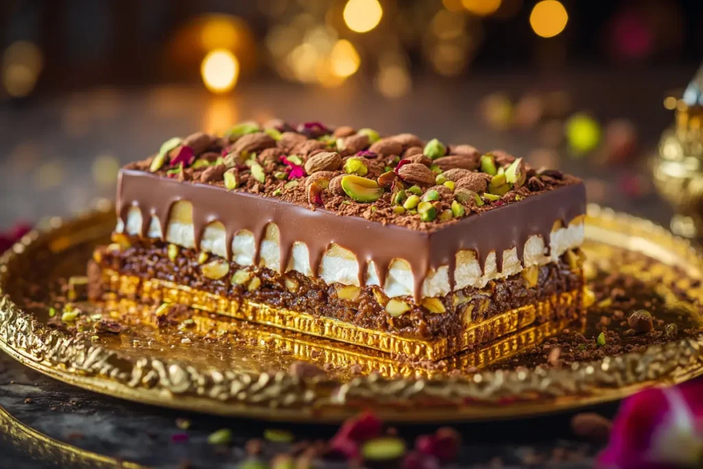 Luxurious Dubai chocolate bar with pistachio and kataifi garnishes