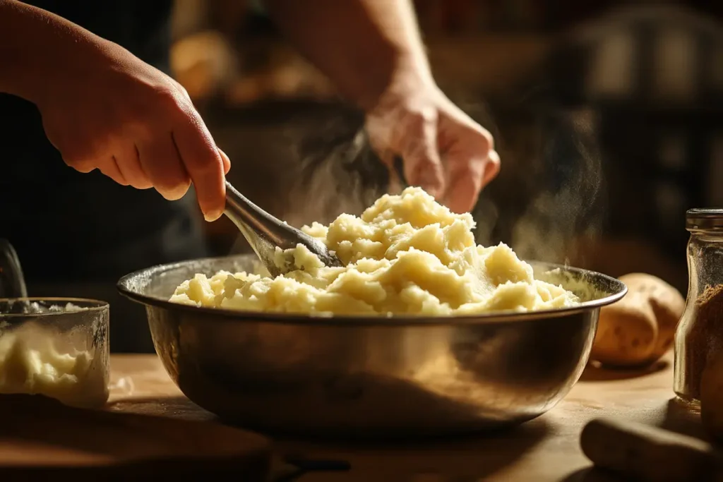 Mashing potatoes with a ricer for creamy mashed potatoes