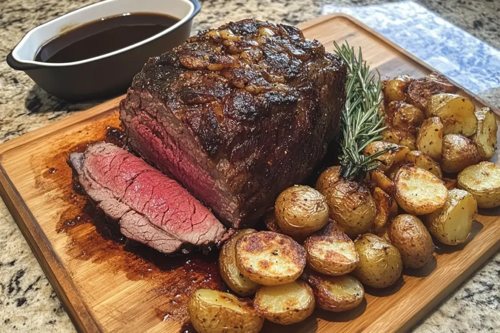 Perfectly cooked classic roast beef with roasted potatoes and gravy.