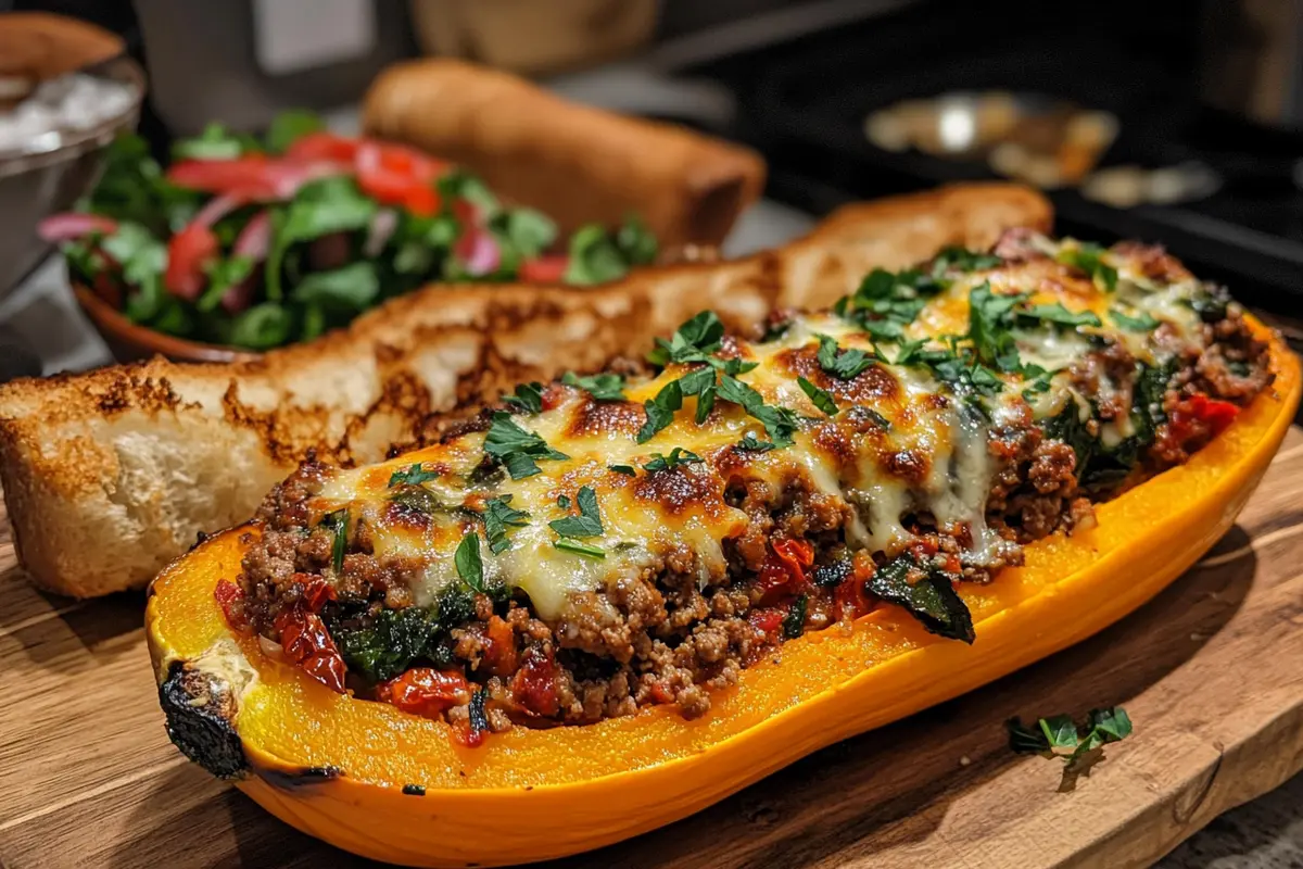 Alt Text: Roasted butternut squash stuffed with beef and vegetables, topped with fresh parsley.