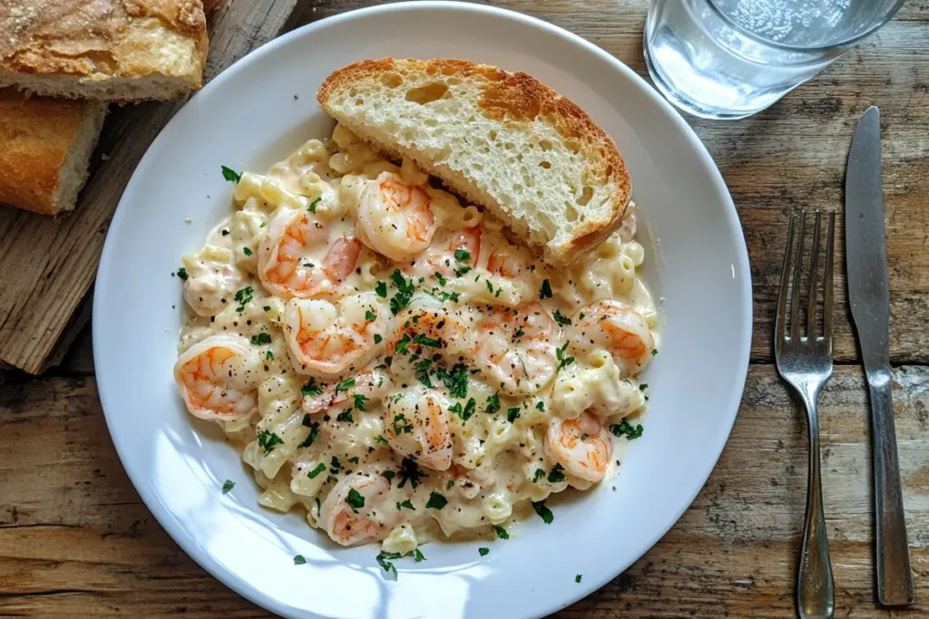 Cheesy shrimp pasta with garlic bread 