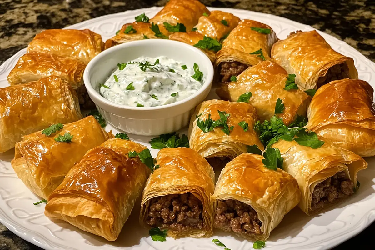 Phyllo dough being prepared with ground beef filling.