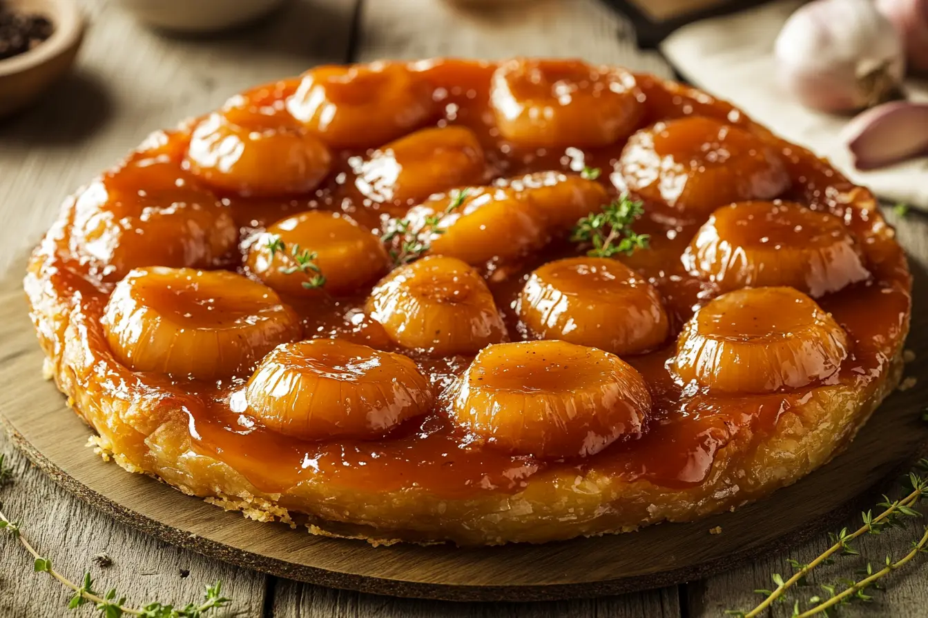 Achalote tarte tatin with golden pastry and caramelized shallots
