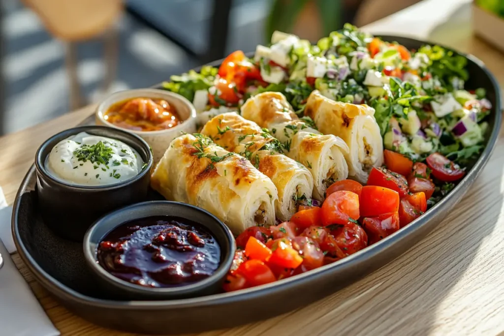 Phyllo rolls served with Greek salad and dipping sauces.