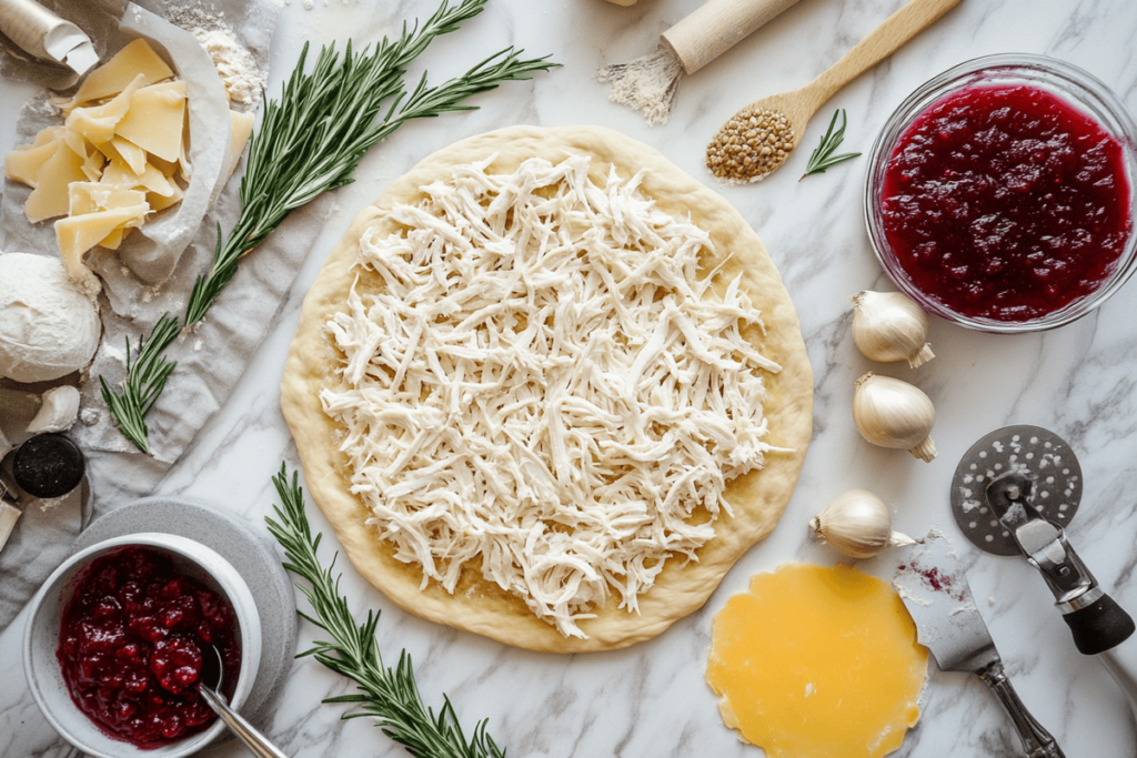 Ingredients for making Festive Turkey Cranberry Pizza.