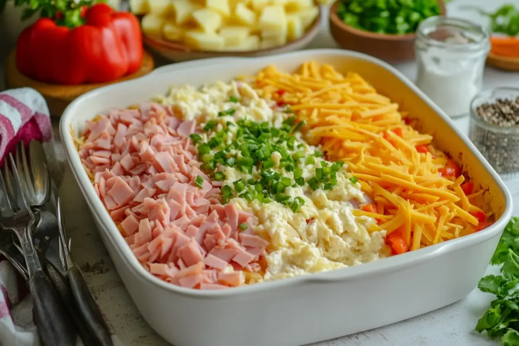 Ingredients being layered into a Denver Omelette Hashbrown Casserole