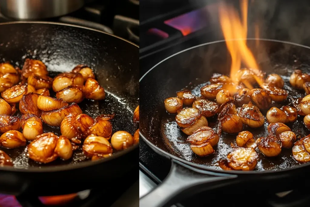 Caramelizing shallots in a cast iron skillet for tarte tatin