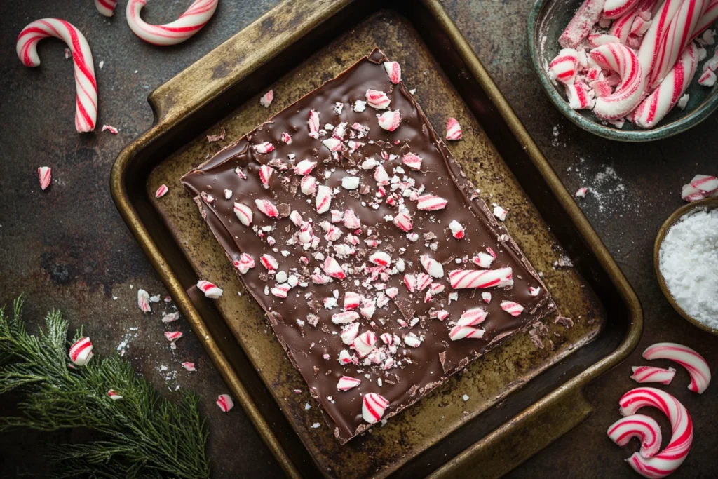  Making peppermint bark with layers of chocolate and crushed candy canes.