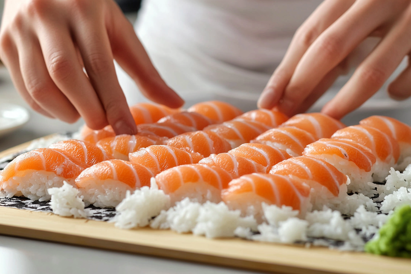 A sushi chef preparing fresh salmon nigiri by hand.