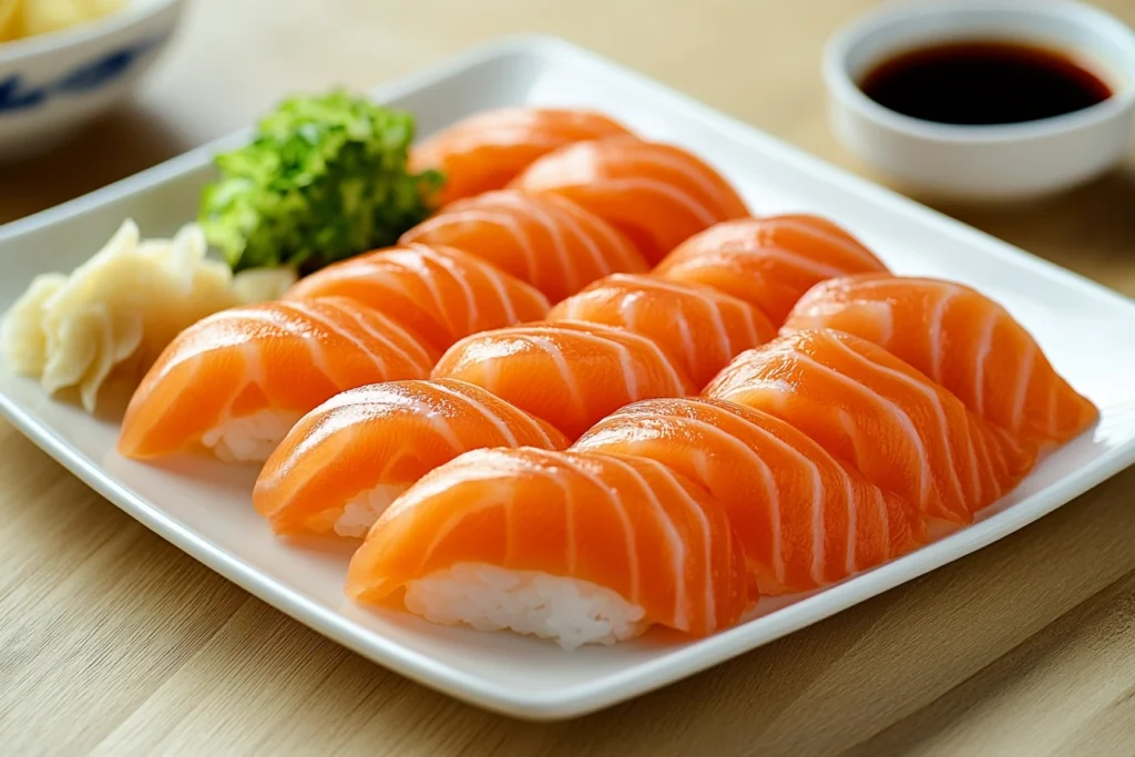 A DIY sushi-making setup with fresh ingredients like salmon, rice, and nori sheets.
