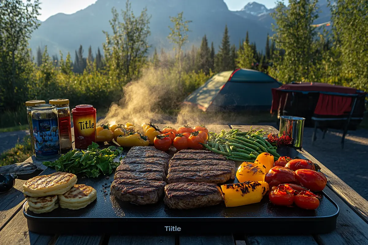 Blackstone griddle loaded with steak, pancakes, and vegetables