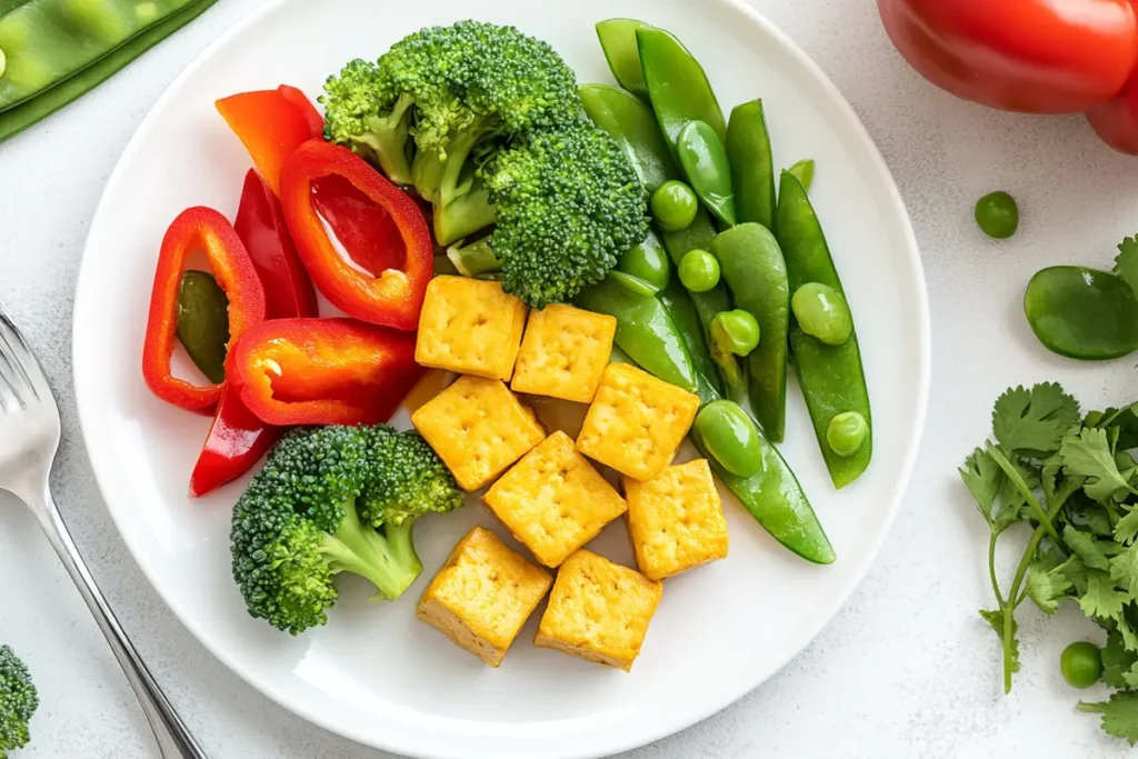 Stir-fry with tofu, bell peppers, broccoli, and snap peas.