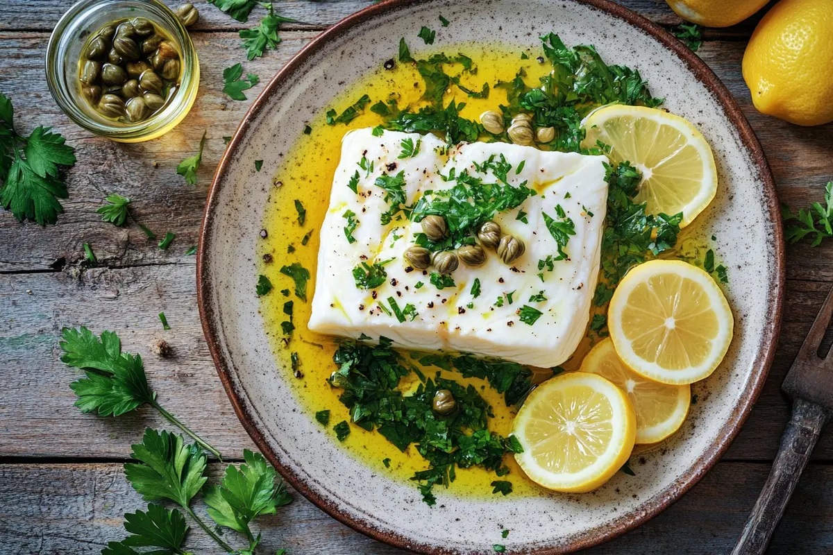 Mediterranean poached halibut served with lemon and herbs
