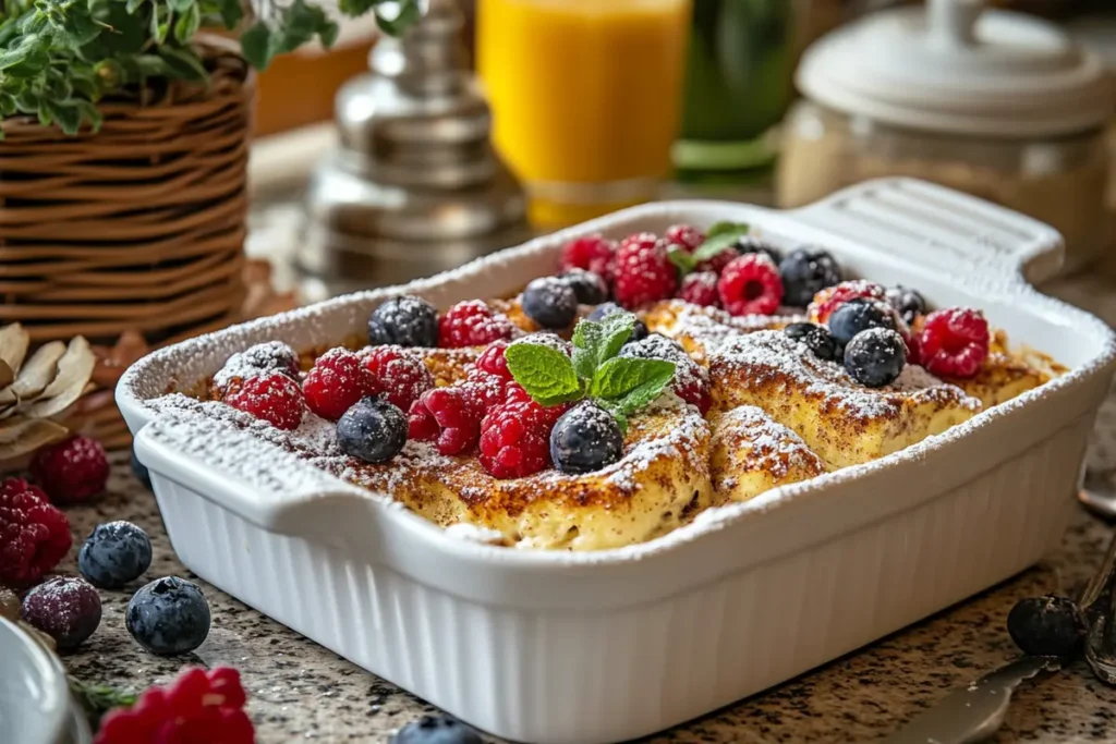 French toast bake with cinnamon streusel in a white casserole dish.