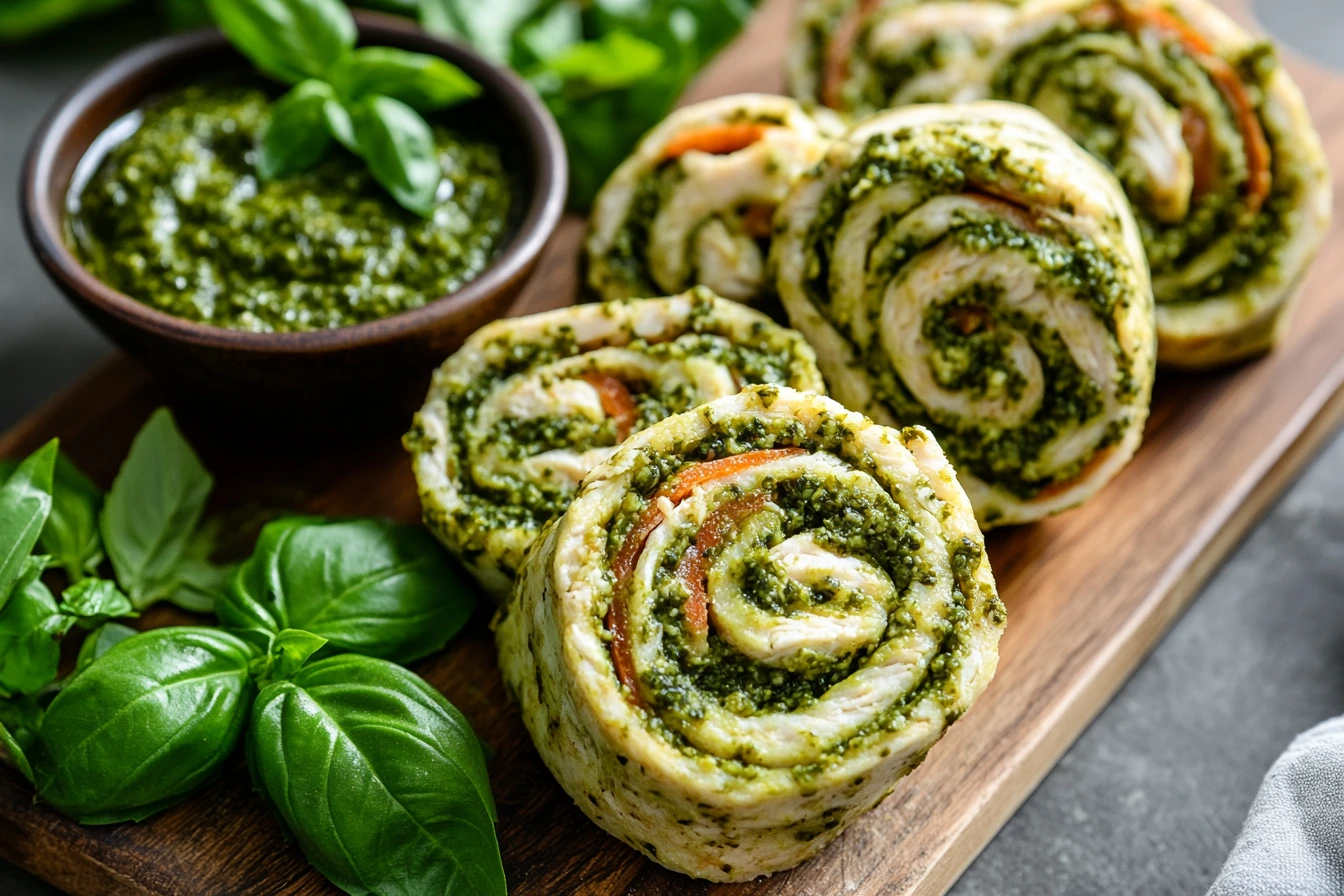 Pesto Turkey Pinwheels arranged neatly on a platter