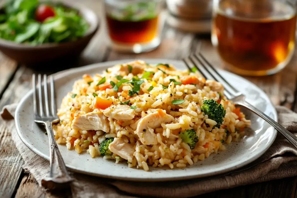 A serving of Chicken Broccoli Rice Casserole with sides