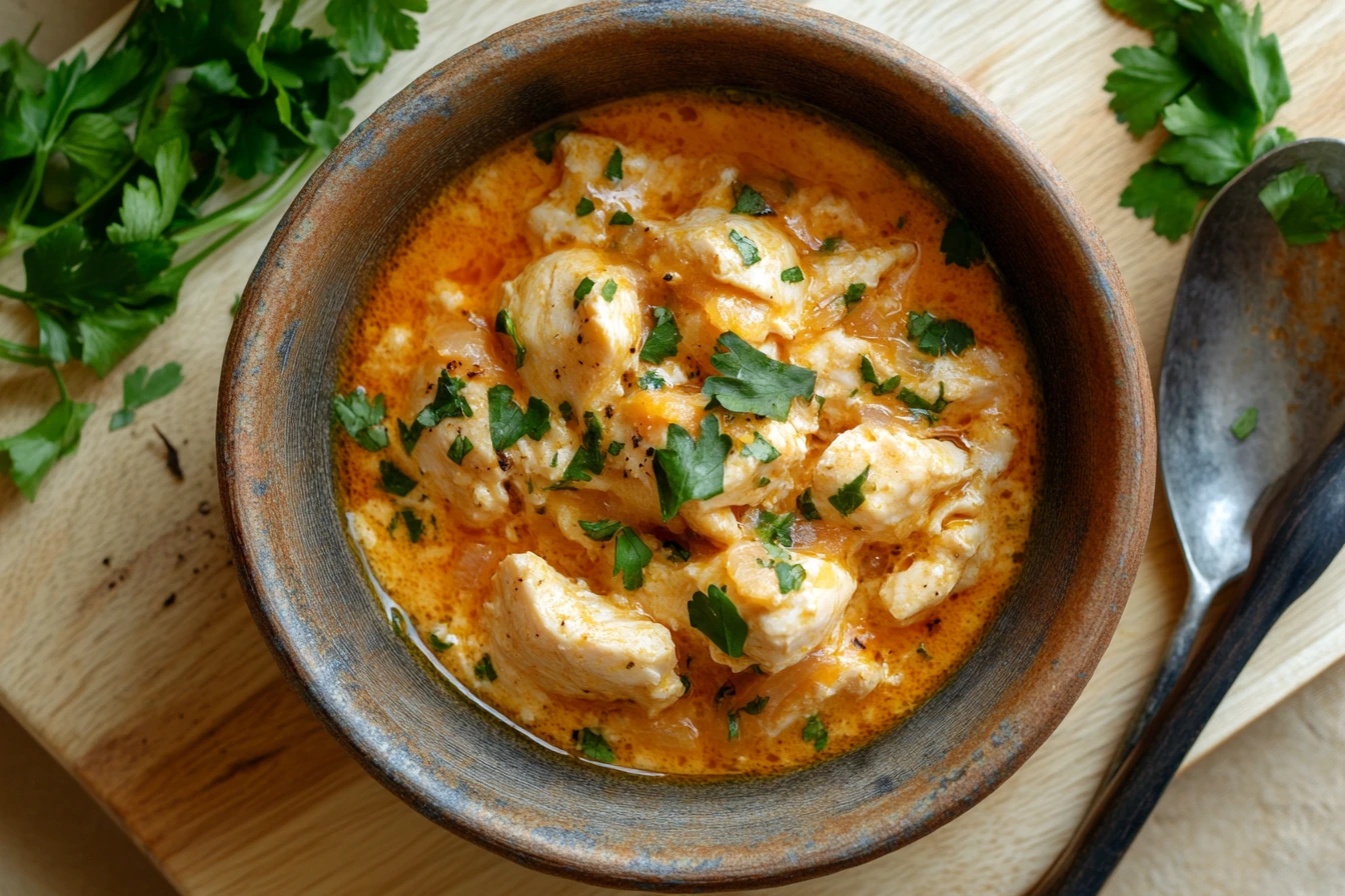 "Homemade Alice Springs Chicken served in a white dish with melted cheese, mushrooms, and honey mustard glaze, garnished with parsley