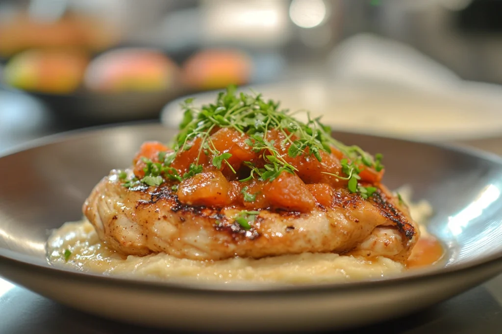 Homemade Alice Springs Chicken served in a white dish with melted cheese, mushrooms, and honey mustard glaze, garnished with parsley